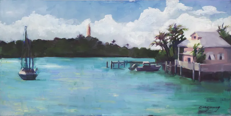 Harbour with Lighthouse, oil painting by Christy Young